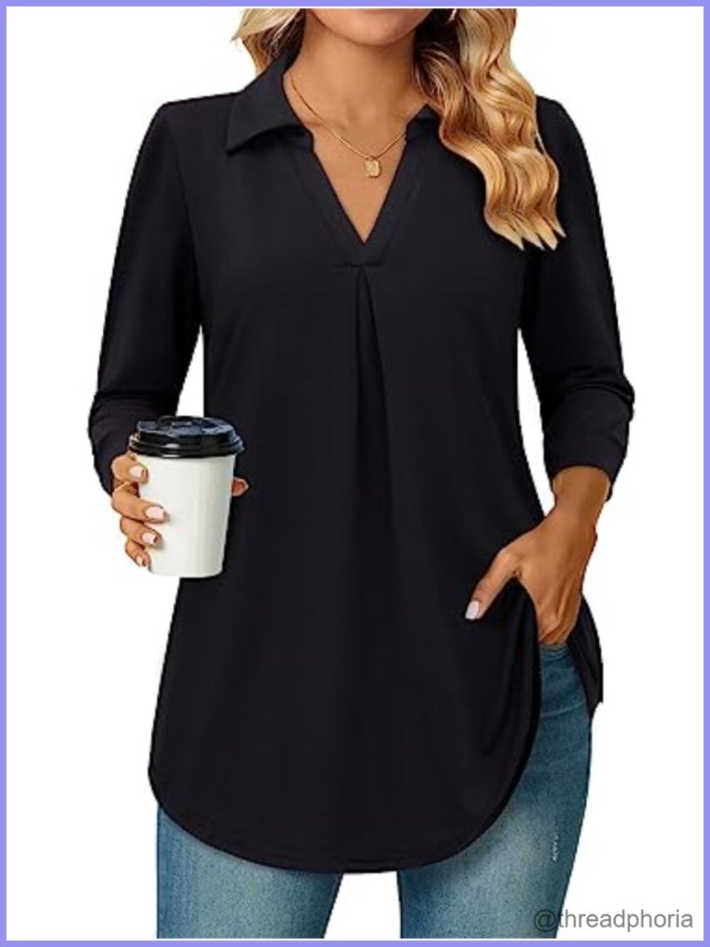 Womens 3/4 Sleeve V Neck Collared Tunic Blouse Loose Fit Work Top
